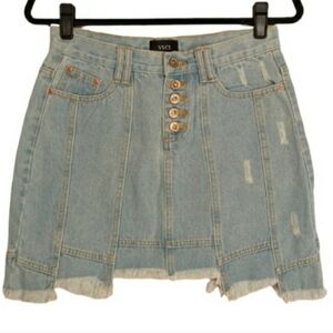 VICI Button Fly Light Blue Wash Asymmetrical Hem Jean Denim Skirt Medium